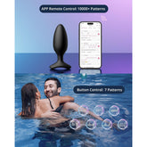 Image showing a Lovense Hush 2 Vibrating Butt Plug - Medium next to a smartphone displaying an app, suggesting remote control functionality with over 10,000 intense vibration patterns. Below, a couple is swimming, with control options displayed for 7 patterns through buttons. The background features a gradient design.